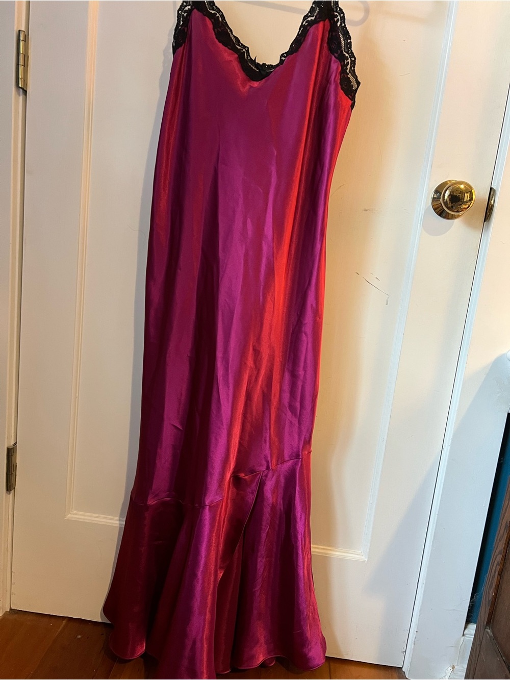 Satin Lace-Trim Slip Dress in Fuchsia